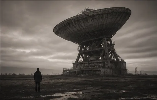 A person in front of a radio telescope