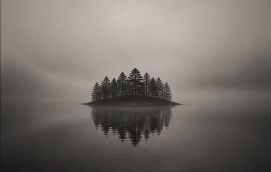 Island in a misty lake